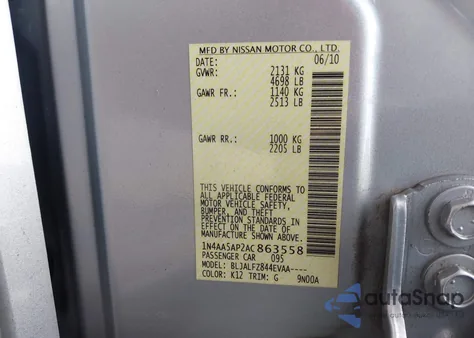 2010 Nissan Maxima 3.5 Sv z USA, uszkodzony, nr VIN 1N4AA5AP2AC863558